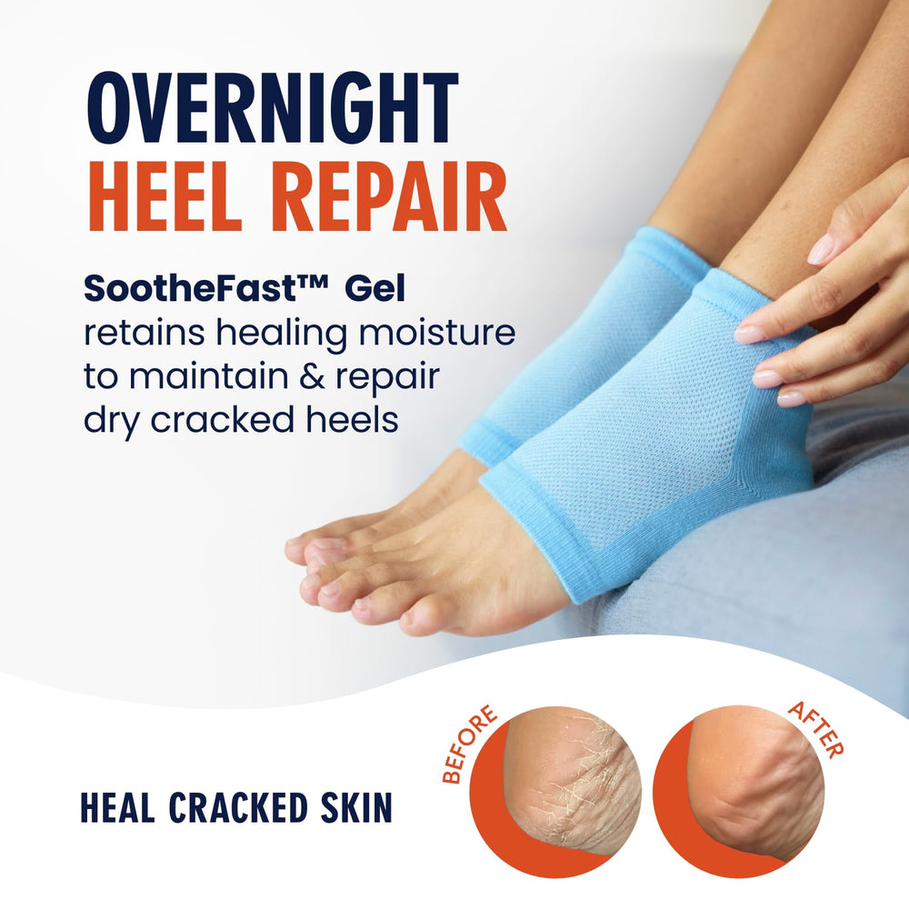 Dr. Frederick's Original gel-lined heel socks close-up shows hydrating gel technology.