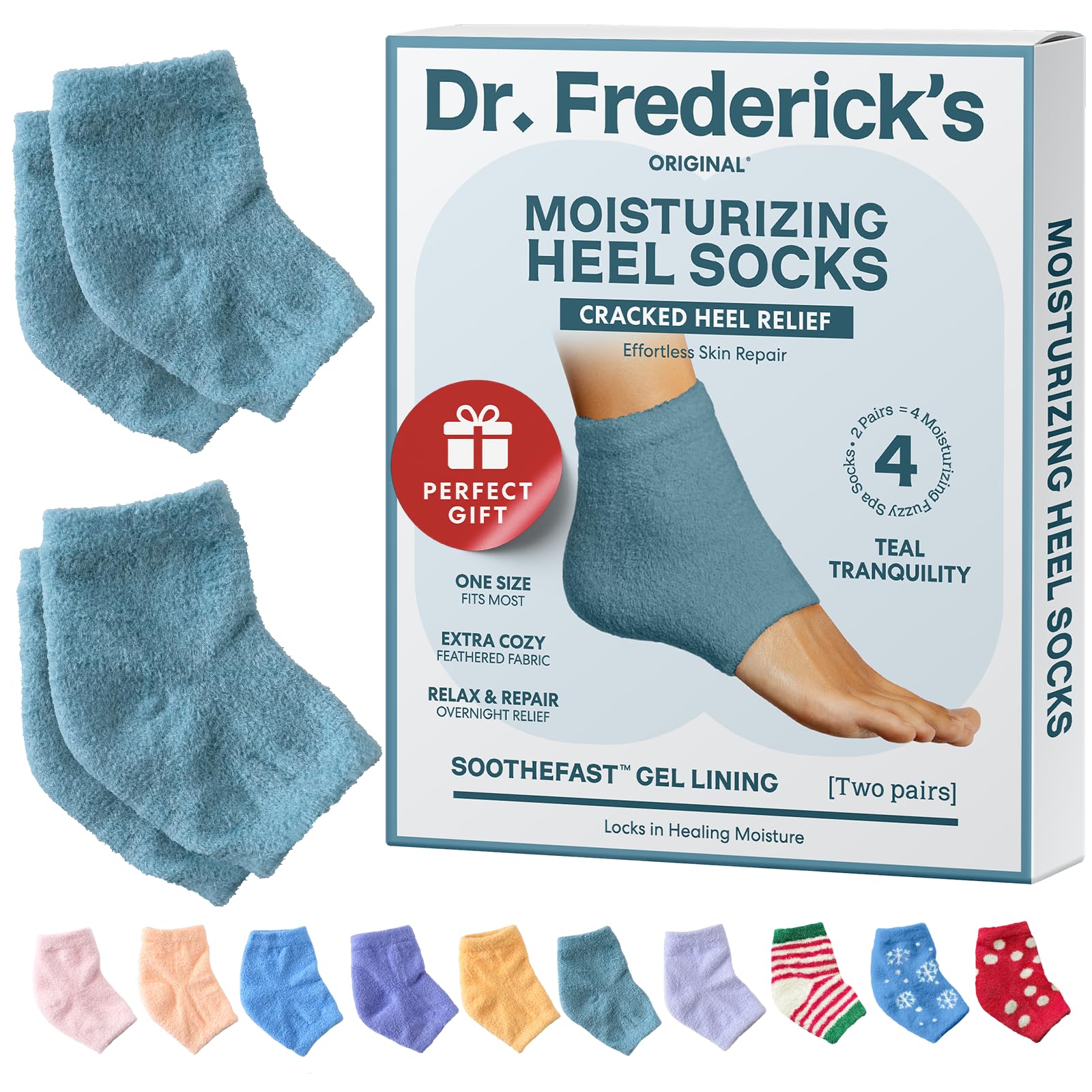 Dr. Frederick's Original fuzzy heel socks in teal provide deep hydration for dry heels.