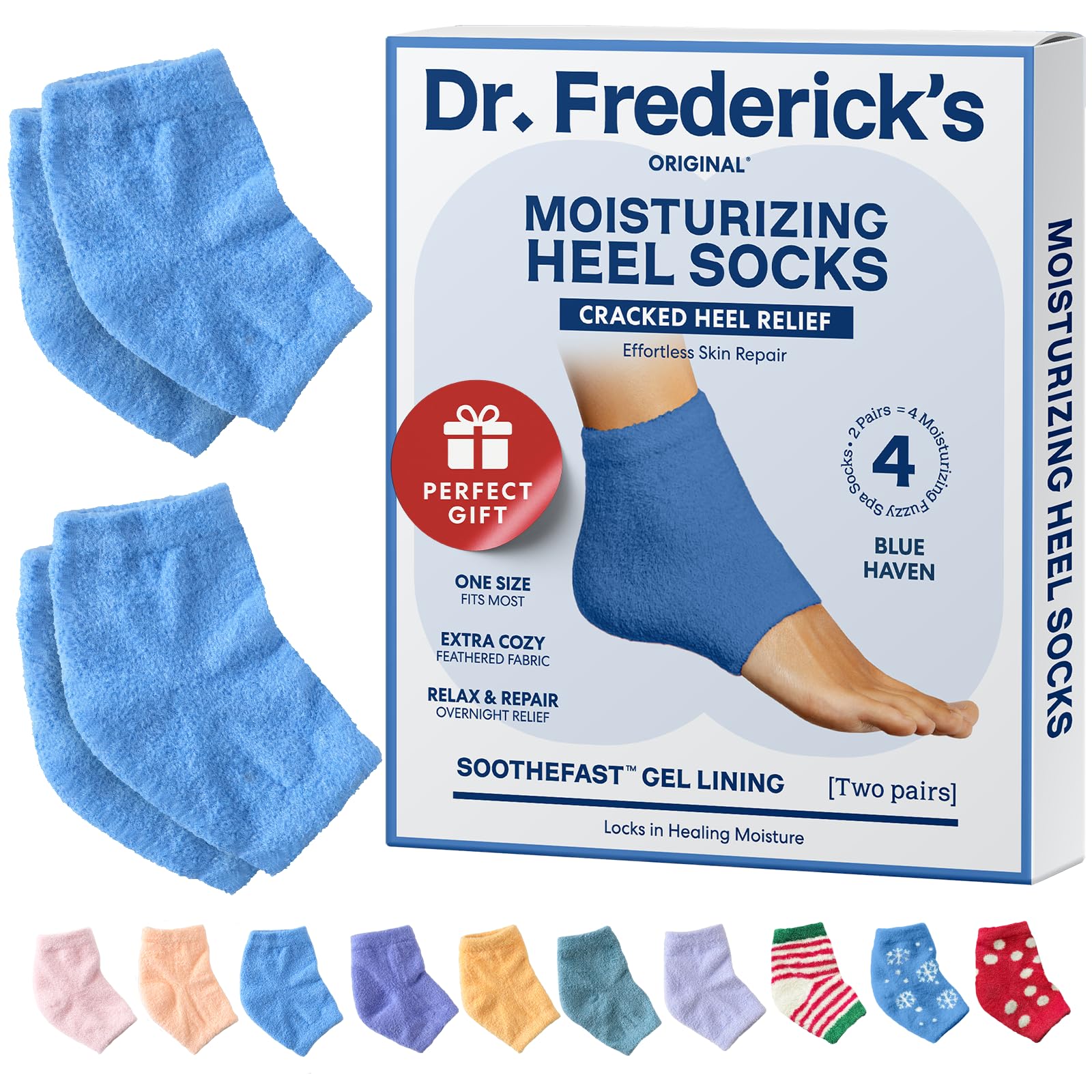 Dr. Frederick's Original moisturizing fuzzy heel socks Blue Haven on display for hydration.