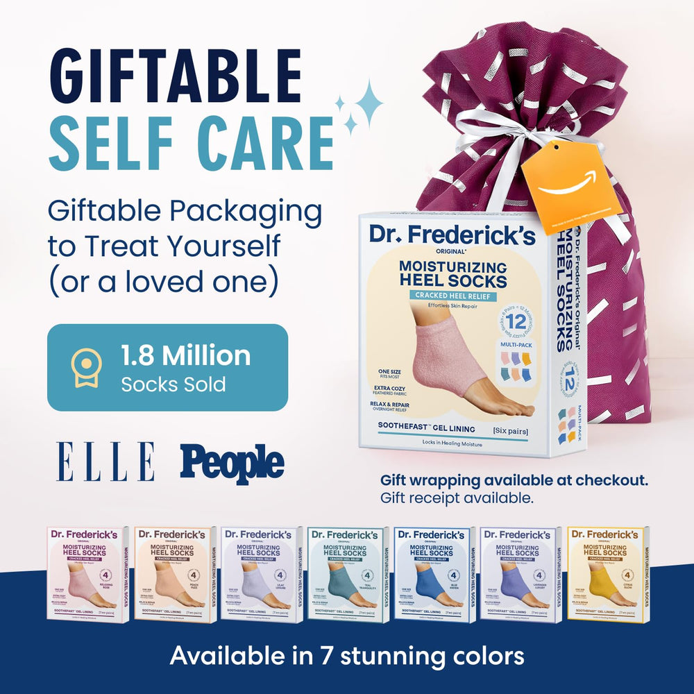 Dr. Frederick's Original fuzzy heel socks open box suggests gift appeal