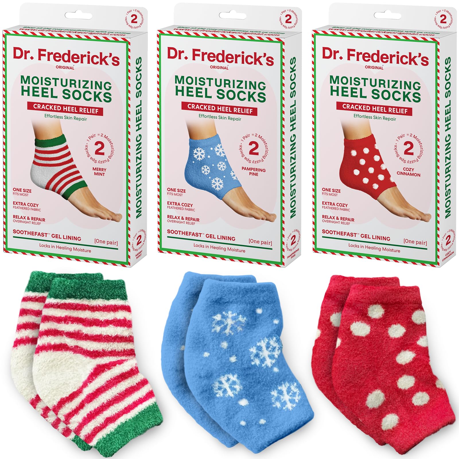 Dr. Frederick's Original moisturizing fuzzy heel socks holiday pack closeup showing gel lining for overnight hydration
