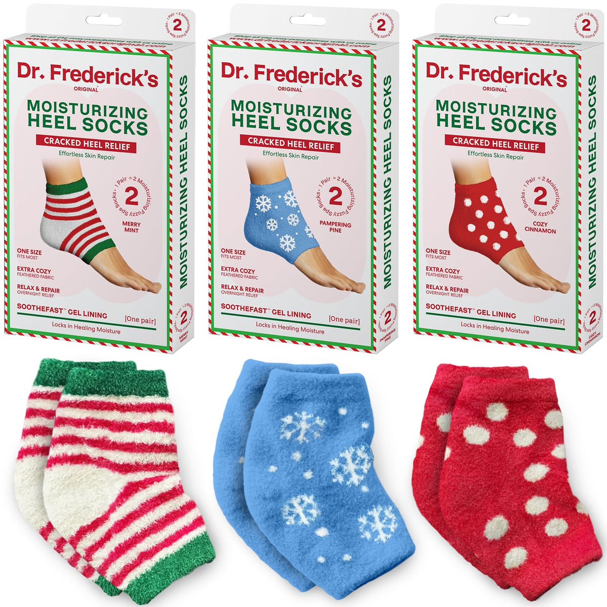 Dr. Frederick's Original moisturizing fuzzy heel socks holiday pack closeup showing gel lining for overnight hydration