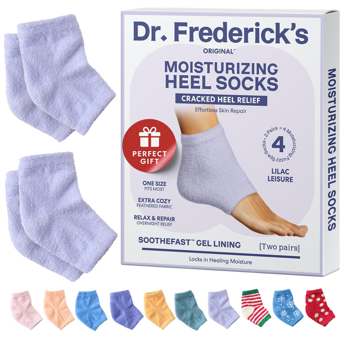 Dr Frederick's Original moisturizing fuzzy heel socks packaging view for gifting and trial