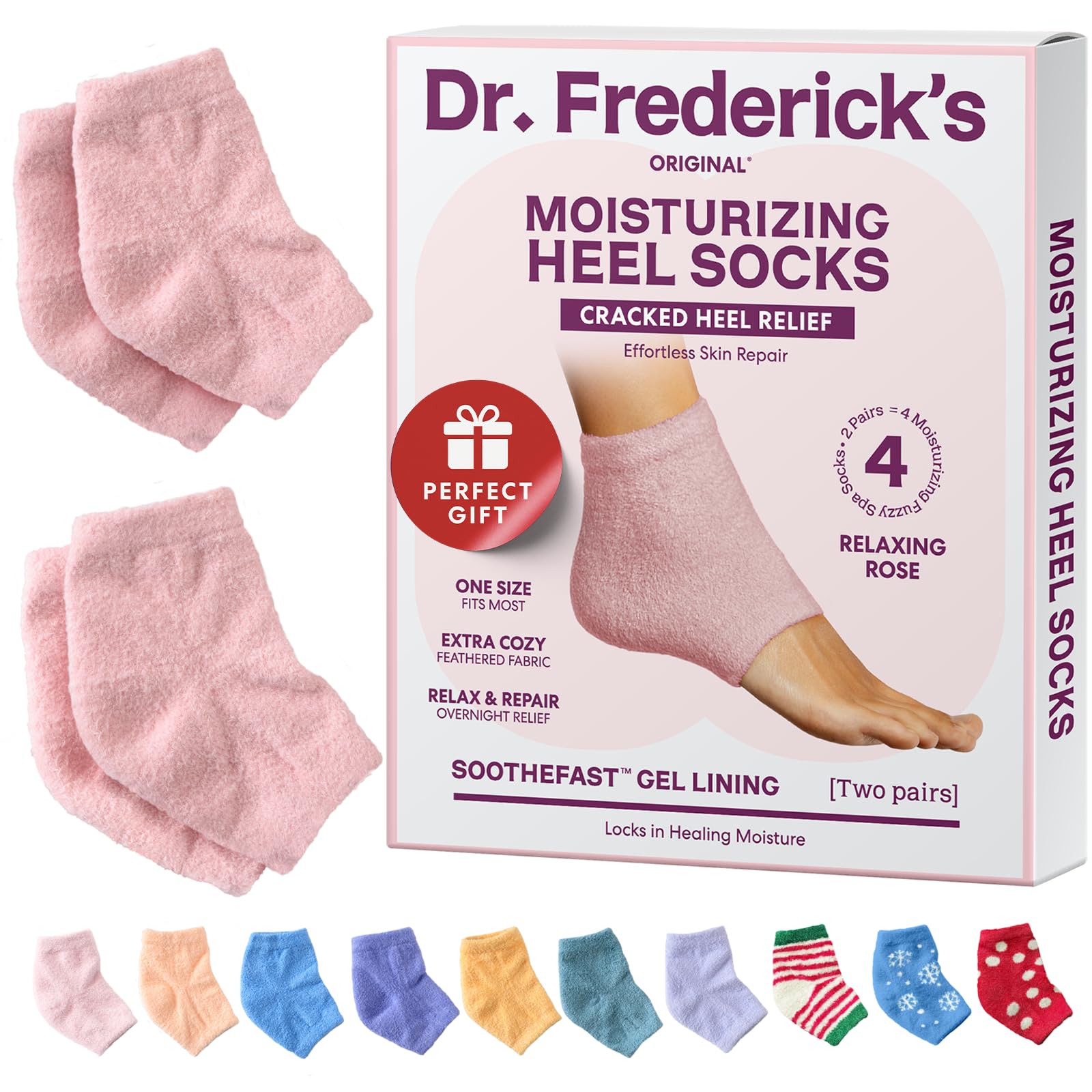 Dr. Frederick's Original moisturizing fuzzy heel socks in rose deliver overnight hydration for dry feet.