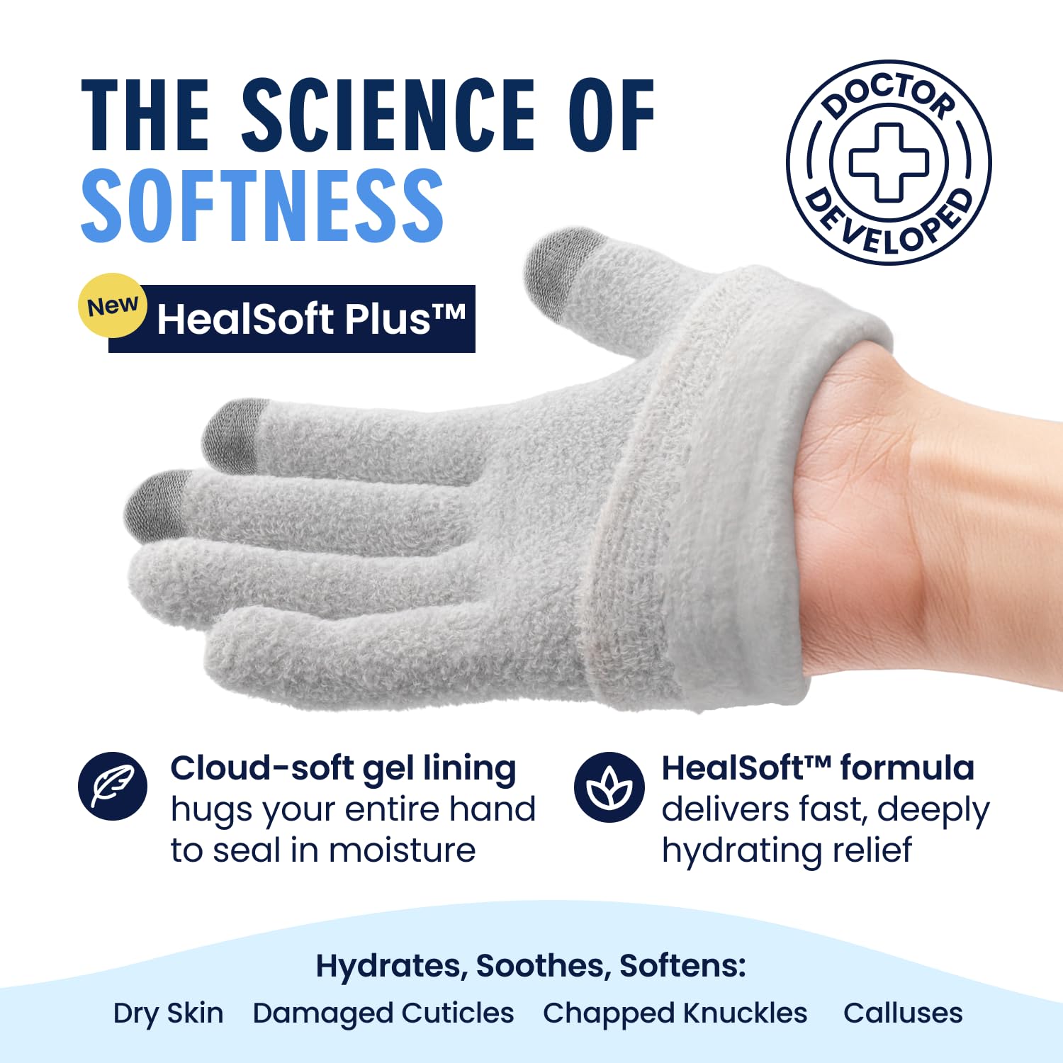 Dr. Frederick’s Original Gel Gloves inner lining closeup, HealSoft Plus with mango butter for deep moisture.