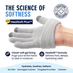 Dr. Frederick’s Original Gel Gloves inner lining closeup, HealSoft Plus with mango butter for deep moisture.