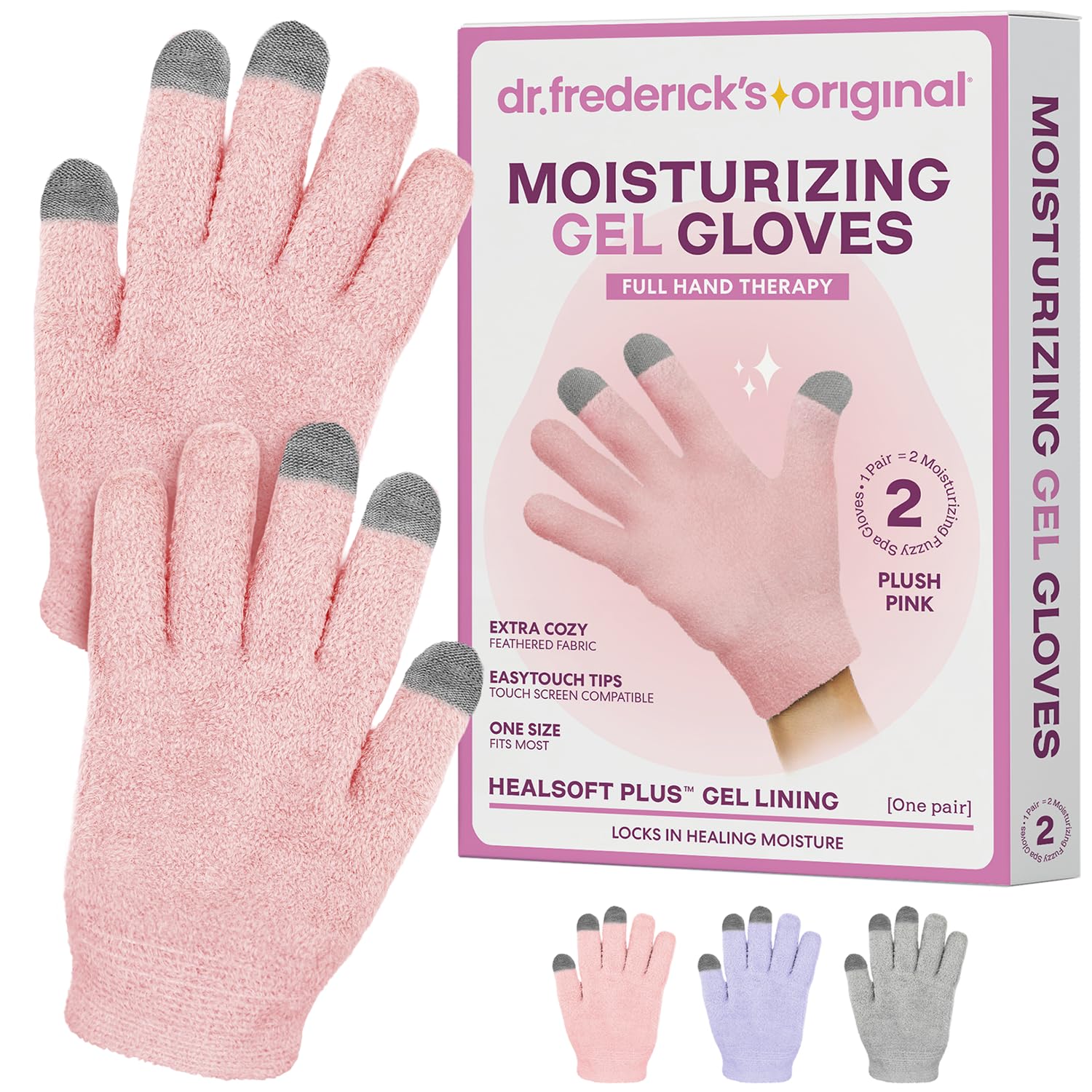 Dr. Frederick's Original moisturizing gel gloves plush pink exterior for instant hydration.