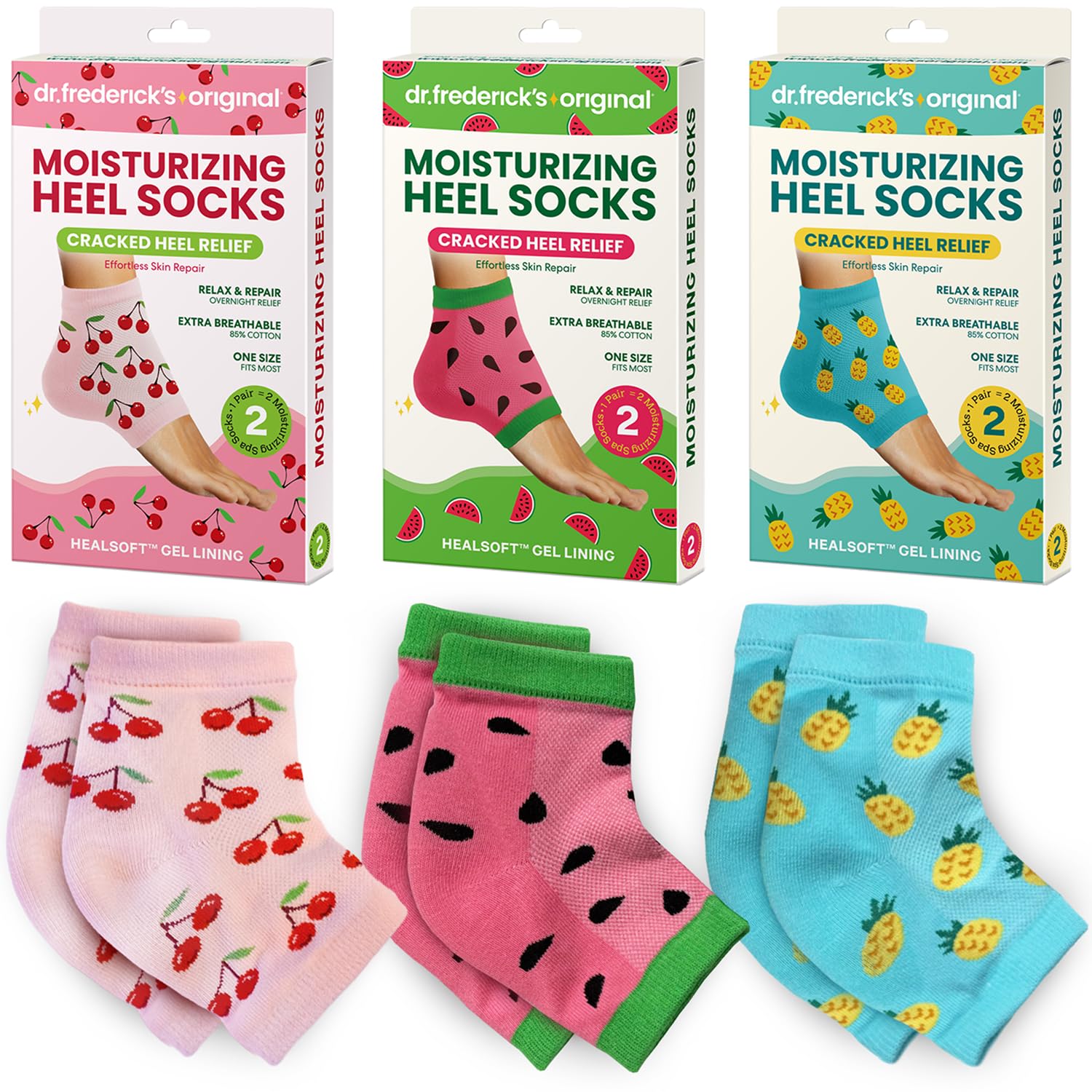 Dr. Frederick's Original Moisturizing Heel Socks 3-pair packaging for stocking stuffer hydration.