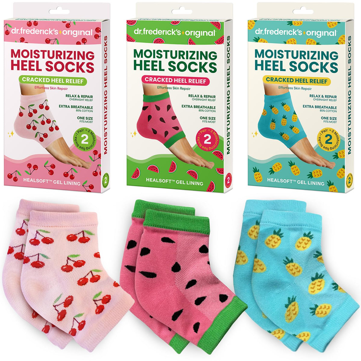 Dr. Frederick's Original Moisturizing Heel Socks 3-pair packaging for stocking stuffer hydration.