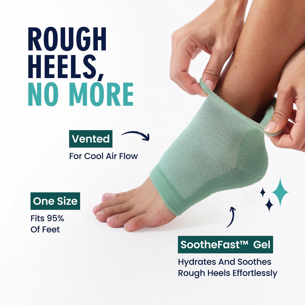 Dr. Frederick's Original Heel Socks close-up highlights the gel pad delivering targeted moisture.