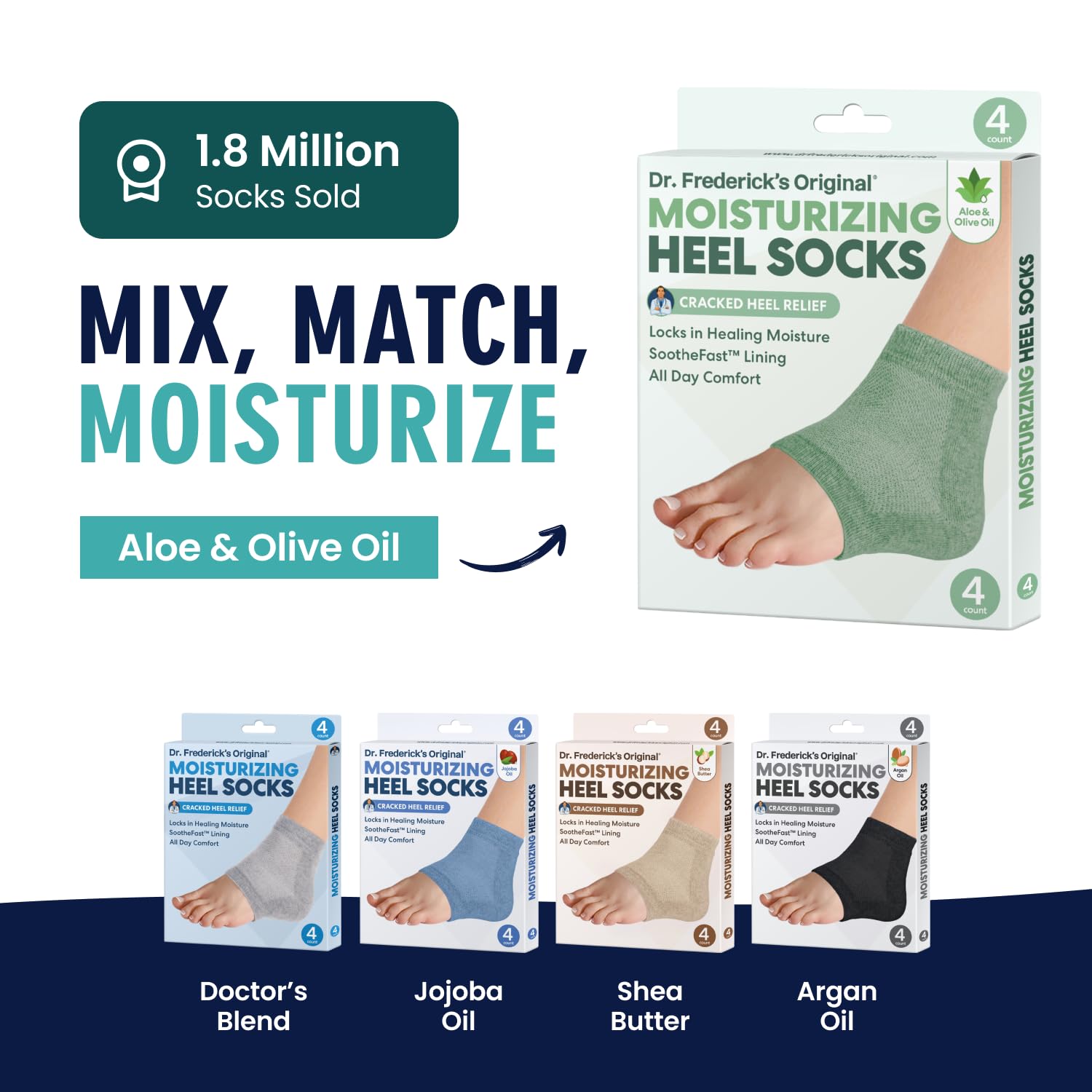 Dr. Frederick's Original Heel Socks infused with olive oil for nourishment.
