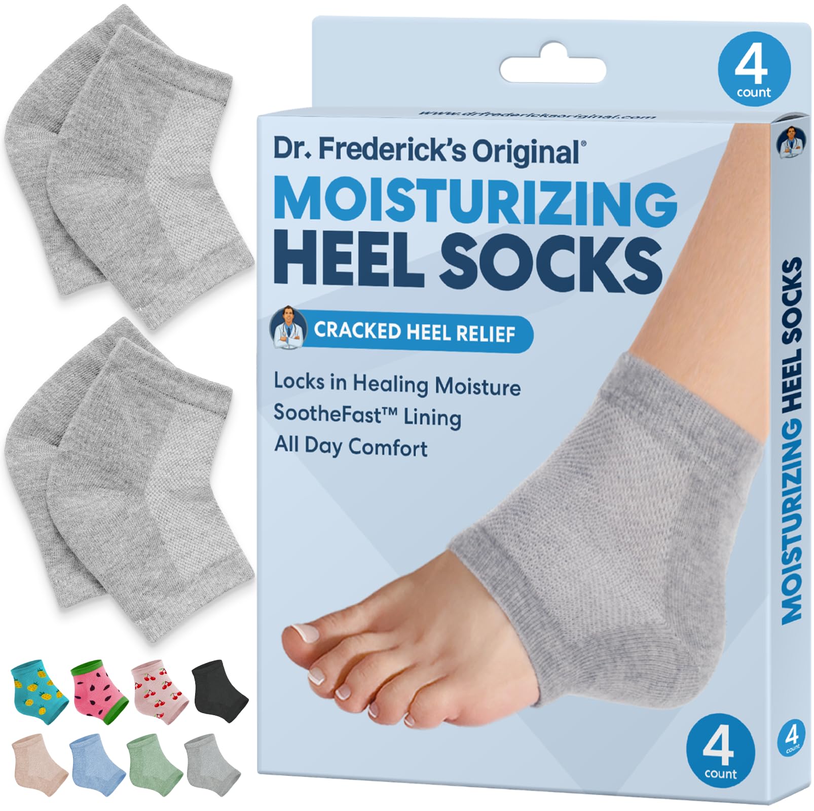 Dr. Frederick's Original heel socks on foot for overnight hydration.