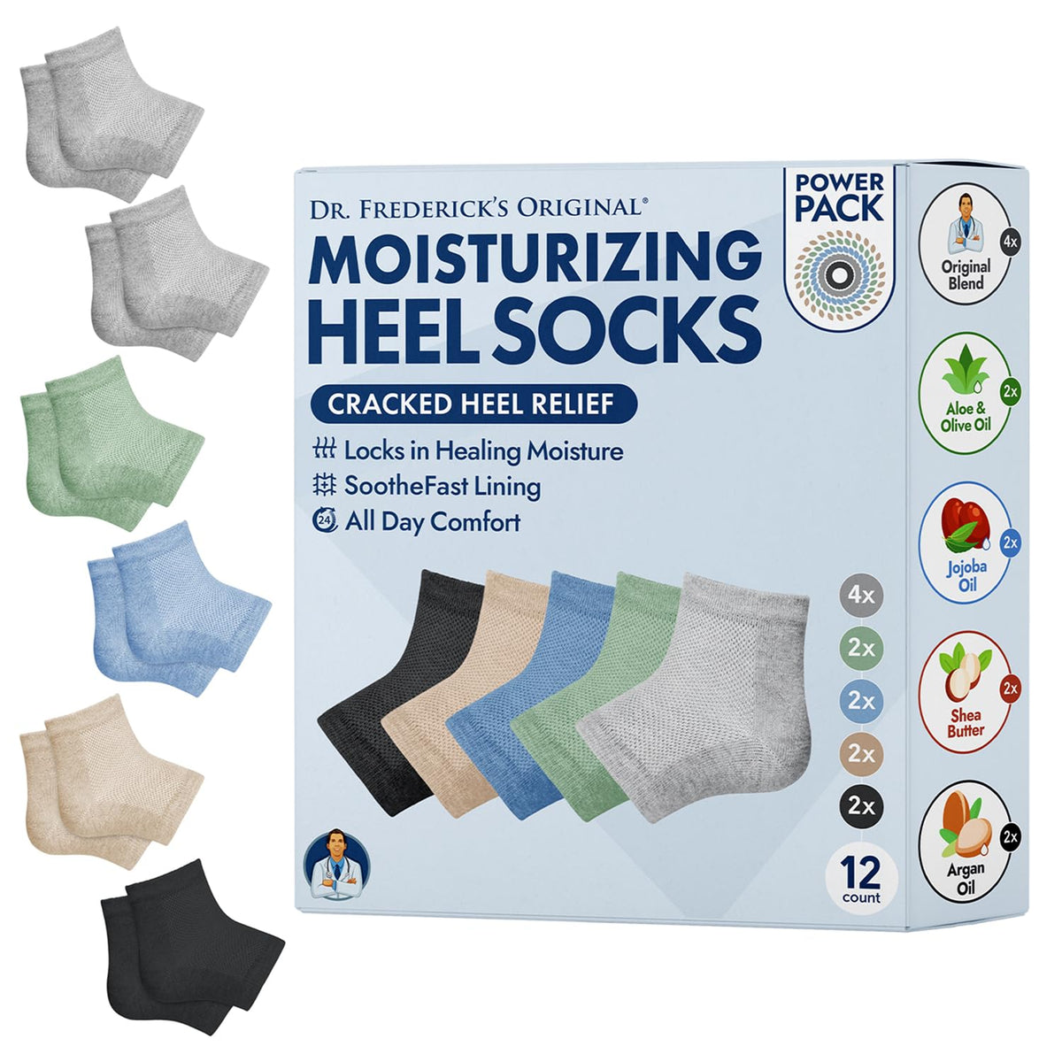 Dr. Frederick's Original moisturizing heel socks pack of 6 pairs ready for overnight hydration.