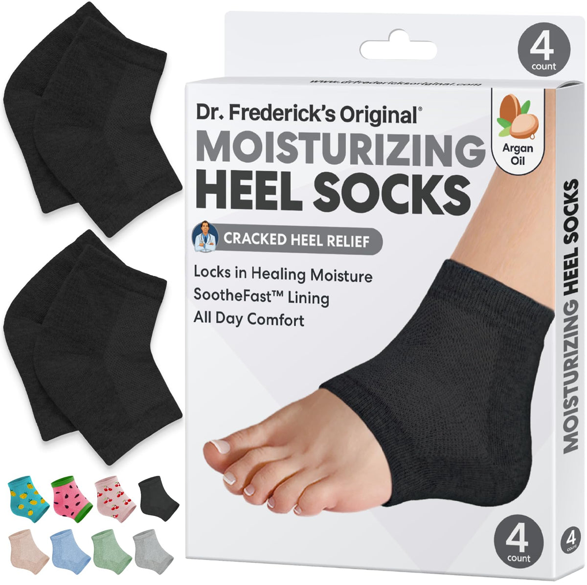Dr Frederick's Original heel socks packaging closeup for trusted hydration and care.