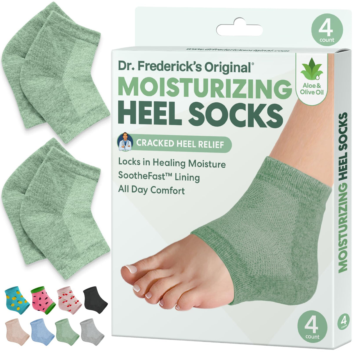 Dr. Frederick's Original Moisturizing Heel Socks packaging shows a two-pair box for convenient home use.