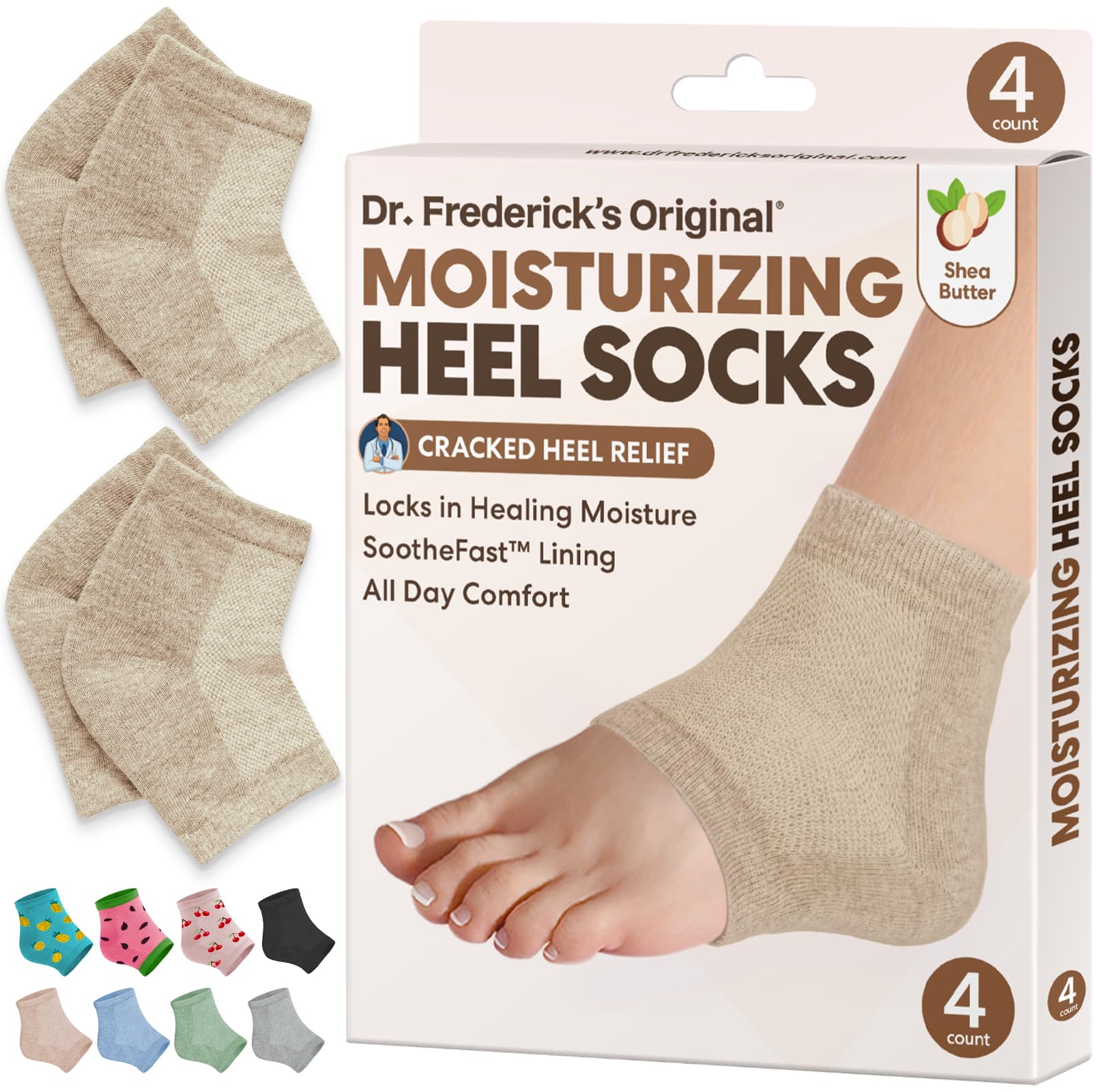 Dr. Frederick's Original heel socks on foot, beige color for overnight hydration.