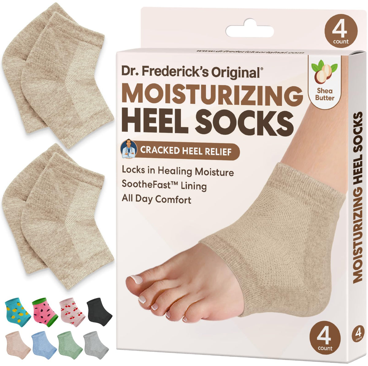 Dr. Frederick's Original heel socks on foot, beige color for overnight hydration.