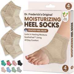 Dr. Frederick's Original heel socks on foot, beige color for overnight hydration.