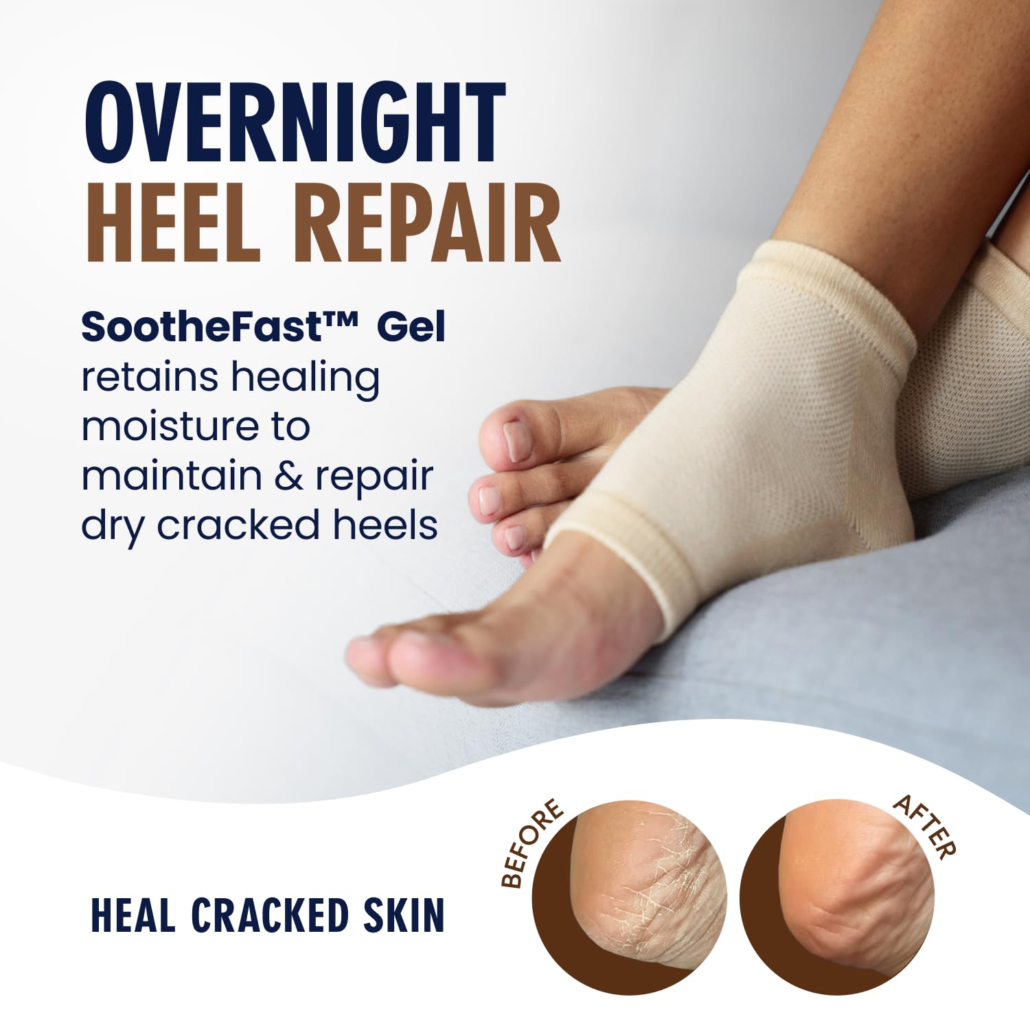 Dr. Frederick's Original heel socks worn at home for easy hydration.