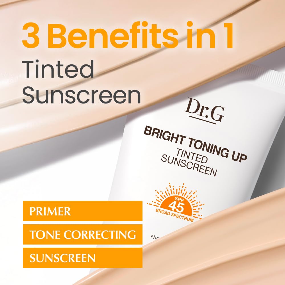 Dr.G product close-up shows tinted coverage and SPF protection.