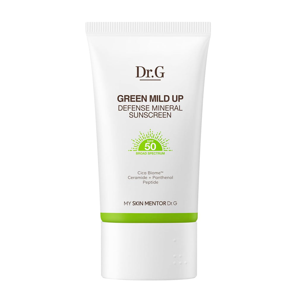 Dr.G Green Mild Up Defense bottle showing lightweight mineral sunscreen for daily protection