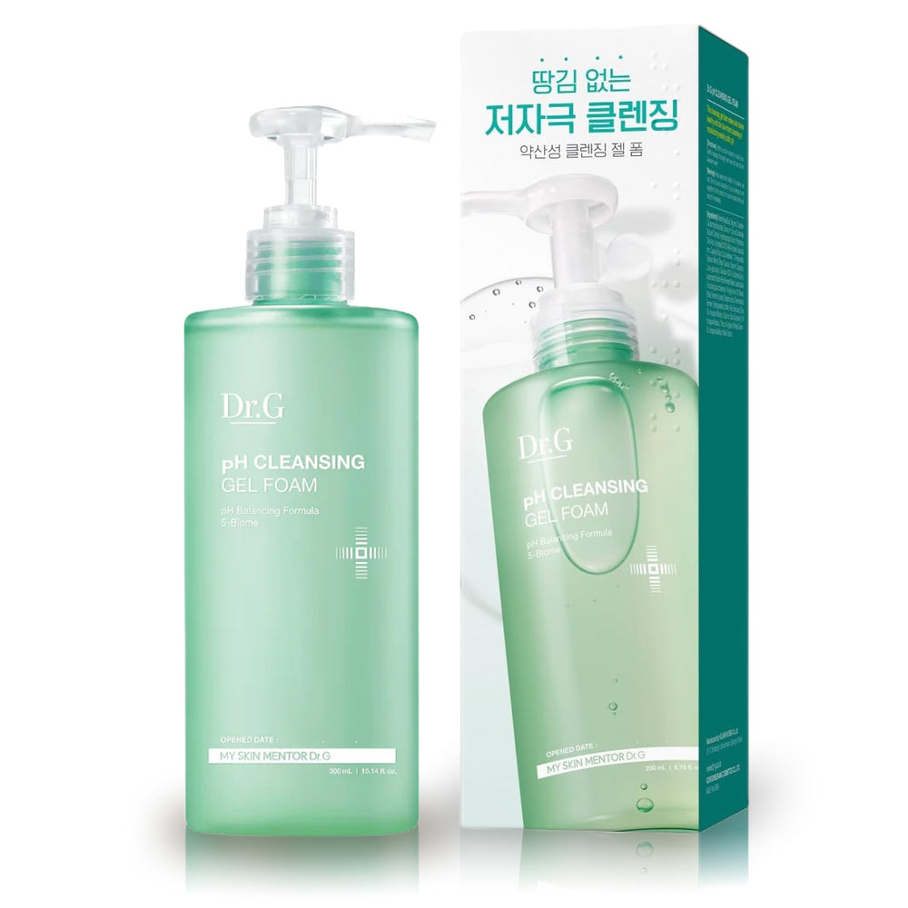 Dr.G pH Cleansing Gel Foam bottle shows a gentle daily cleanser for all skin types, hydrating.
