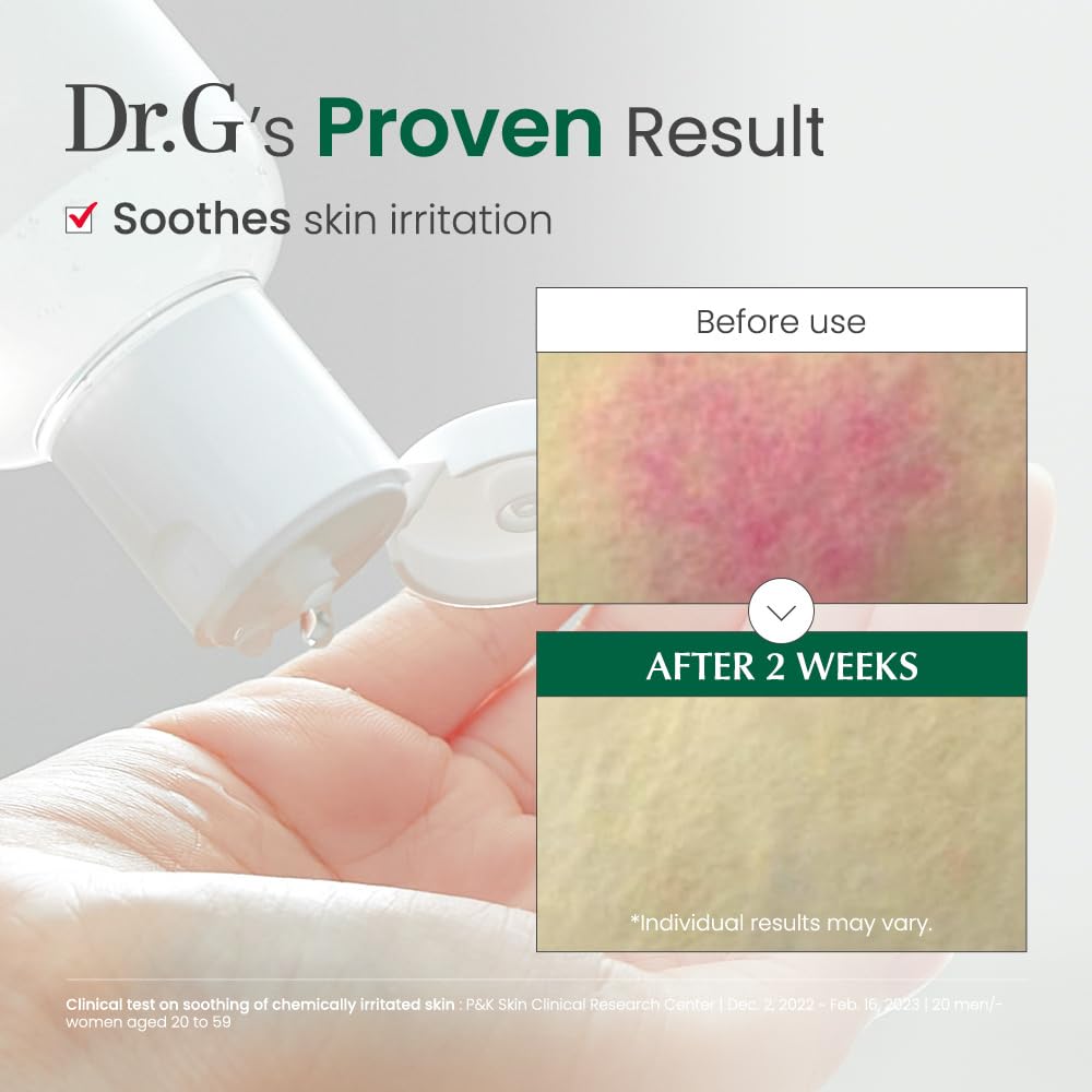 Dr.G R.E.D. Blemish Clear 5-cica complex image highlights soothing botanical blend.