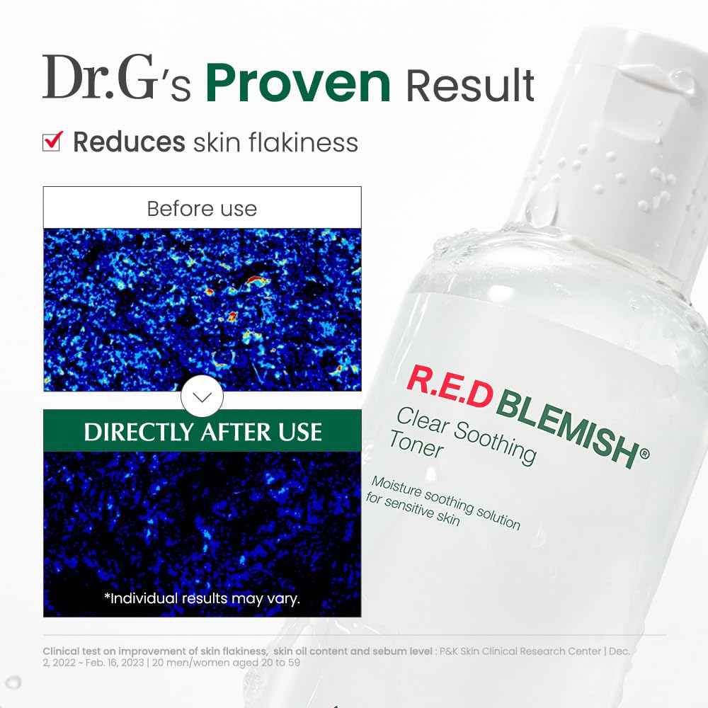 Dr.G R.E.D. toner on damp skin shows soothing moisture and dewy glow.