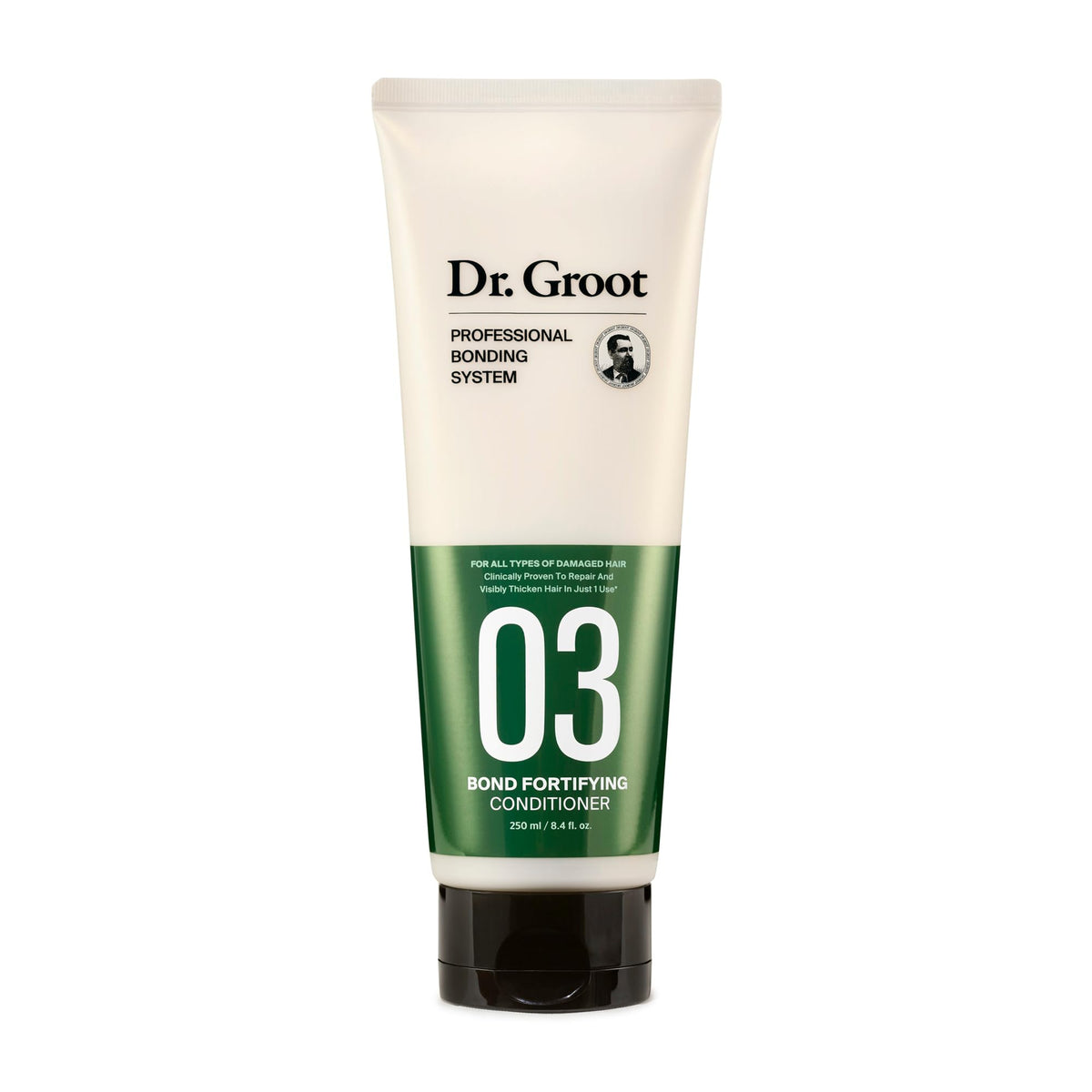 Dr. Groot Bond Fortifying Conditioner bottle suggests thicker, healthier-looking hair.
