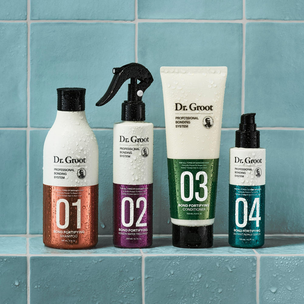 Dr. Groot Bond Fortifying Conditioner hair-ends closeup shows bond-strengthening potential.