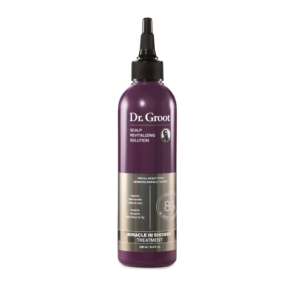 Dr. Groot Miracle in Shower bottle closeup showing moisturizing formula for scalp care