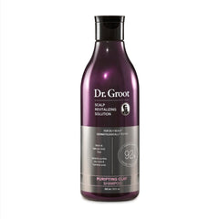 Dr. Groot Purifying Clay Shampoo bottle pours for scalp refreshment and oil control.