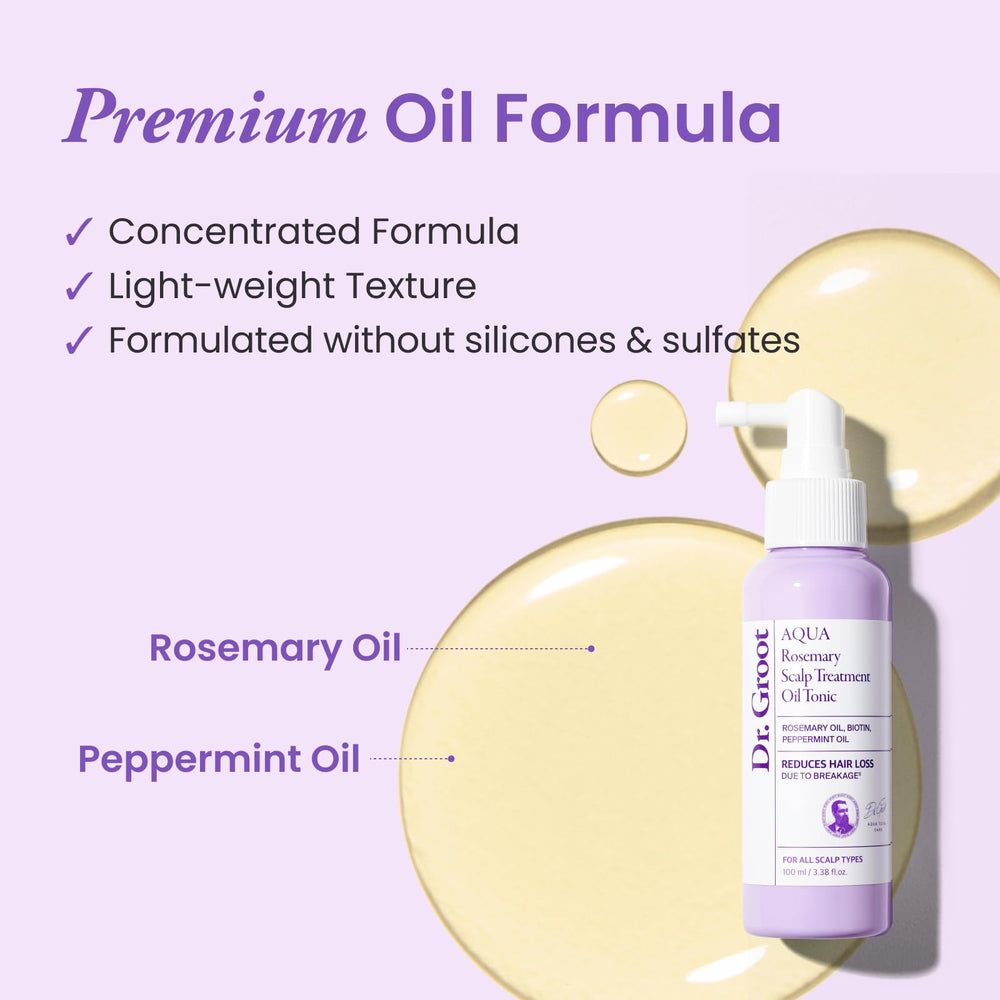 Close-up of rosemary, biotin, and hyaluronic acid ingredients in Dr. Groot tonic.