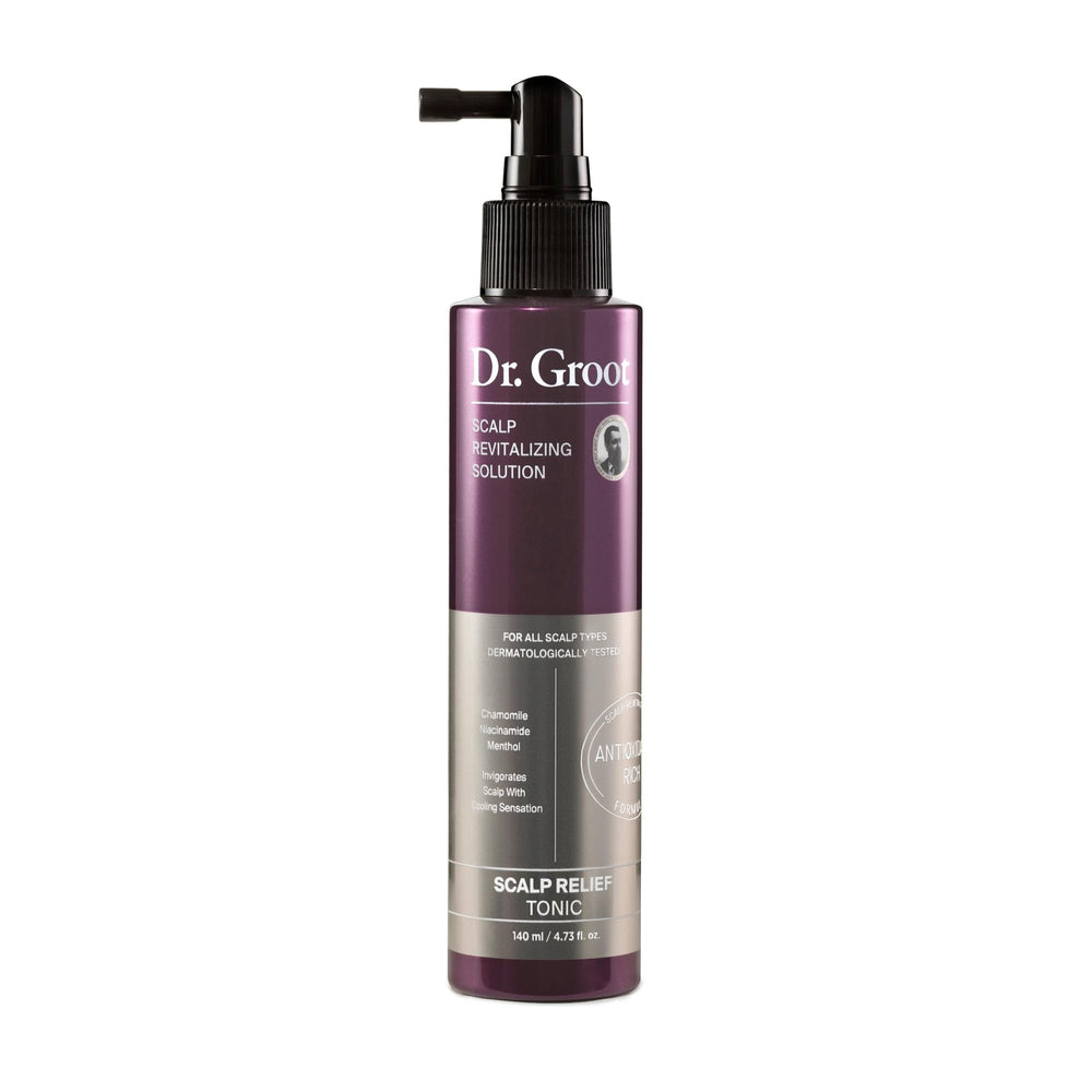 Dr. Groot Scalp Relief Tonic bottle shows hydrating scalp care benefits