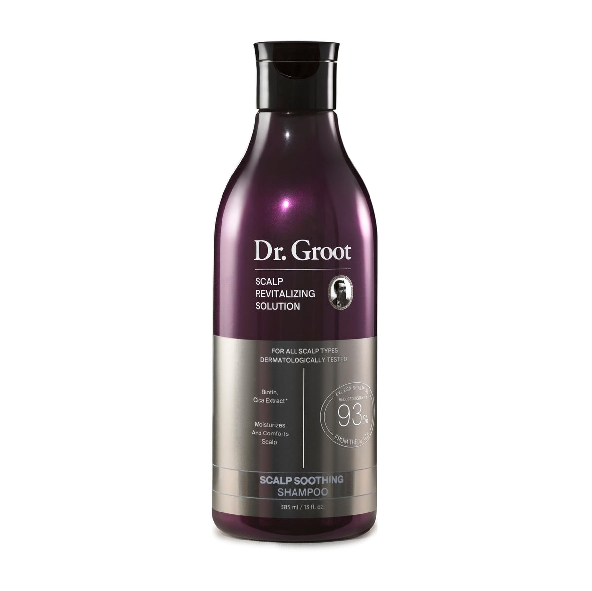 Dr. Groot Scalp Soothing Shampoo bottle highlights refreshing orange-geranium scent for daily scalp care.