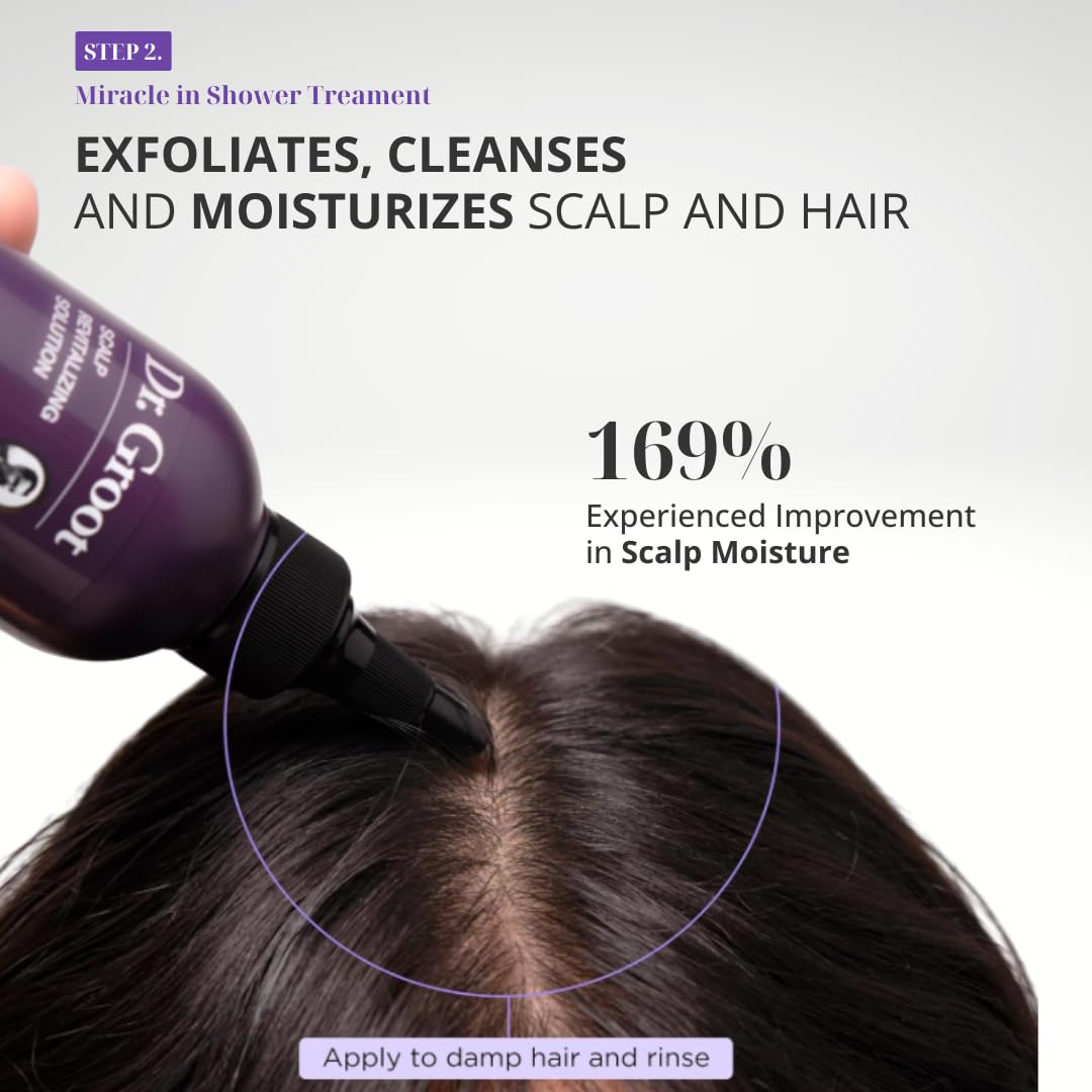 Dr. Groot thickening routine display shows in-shower and post-shower steps.