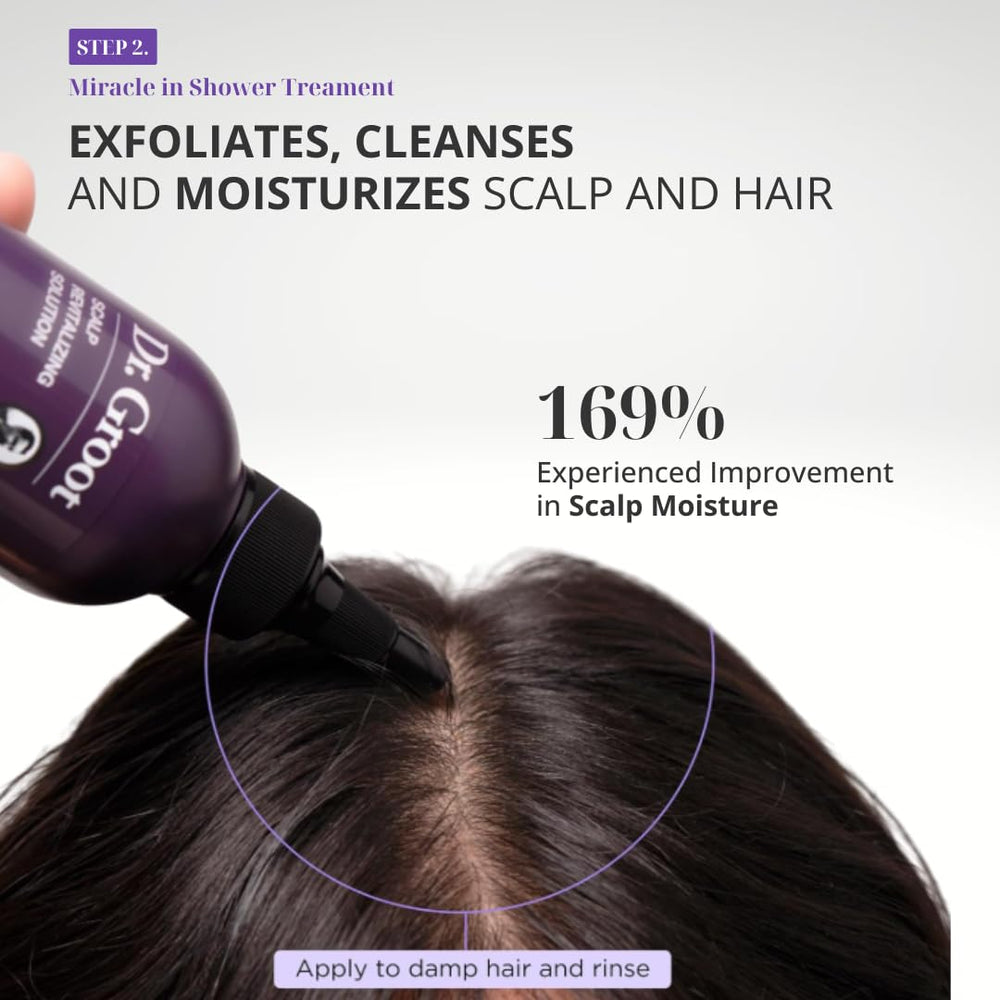 Dr. Groot thickening routine display shows in-shower and post-shower steps.