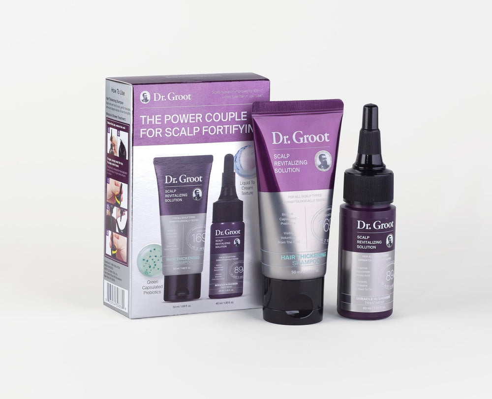 Dr. Groot Travel Set packaging shows compact TSA-friendly kit for on-the-go care