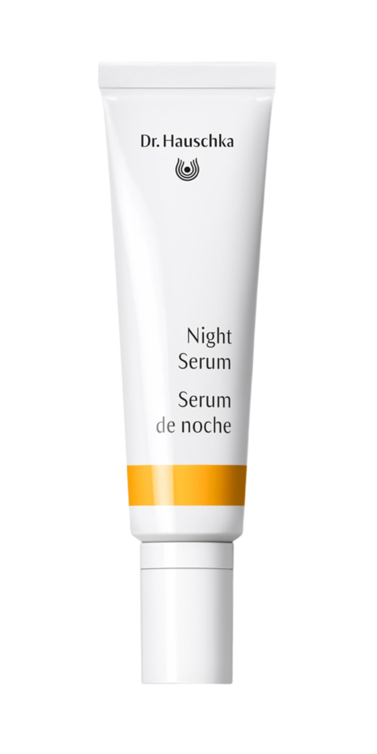 Dr. Hauschka Night Serum bottle close-up highlighting an oil-free formula for nighttime use.