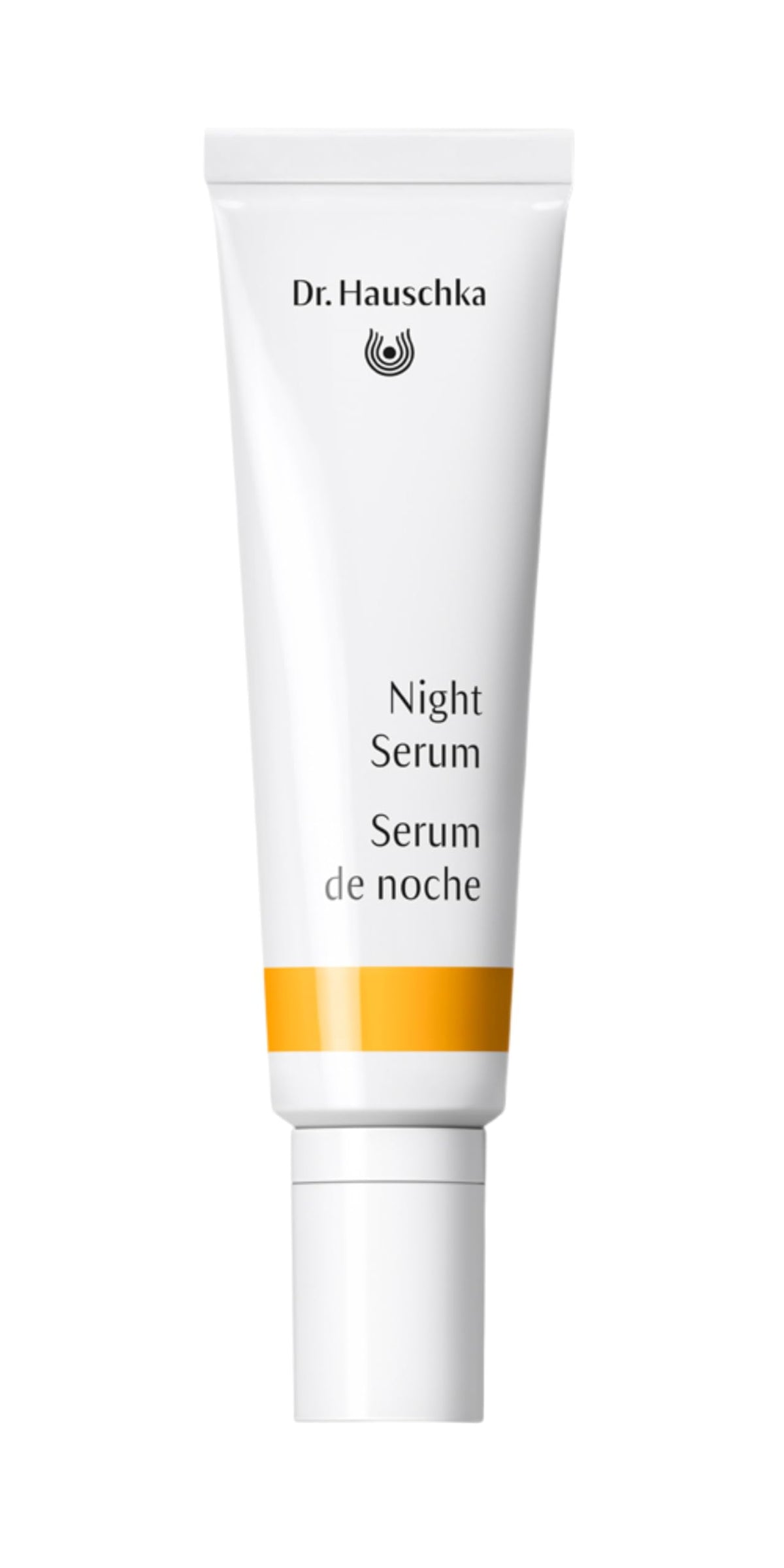 Dr. Hauschka Night Serum bottle close-up highlighting an oil-free formula for nighttime use.