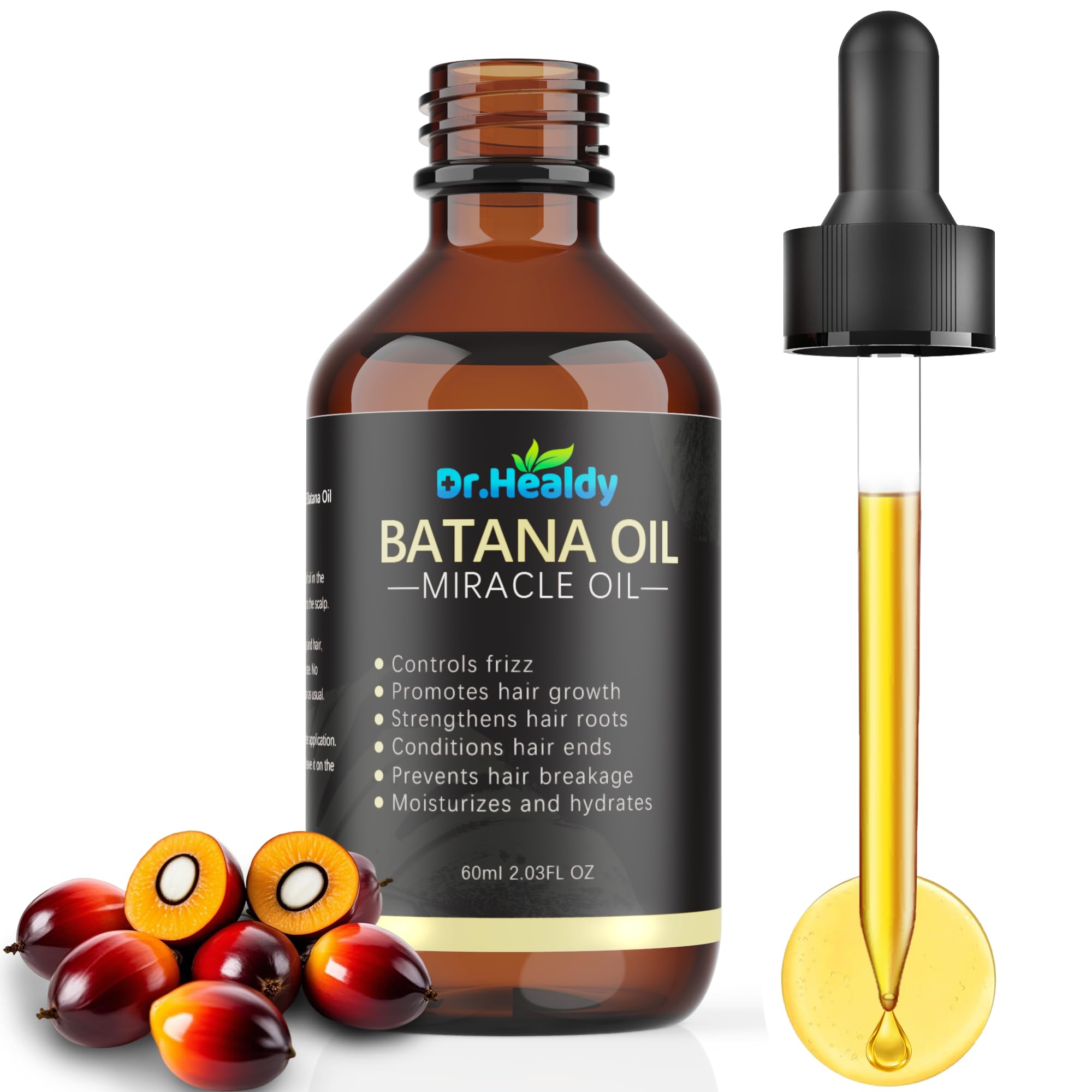 Dr. Healdy Batana Oil bottle close-up highlighting pure oil for hair growth support.