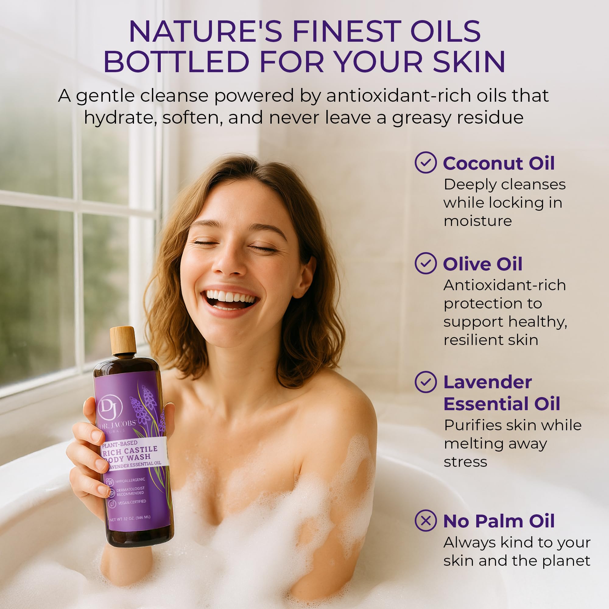 DR.JACOBS NATURALS lavender castile soap on a washcloth evokes spa-like ritual and calming scent.
