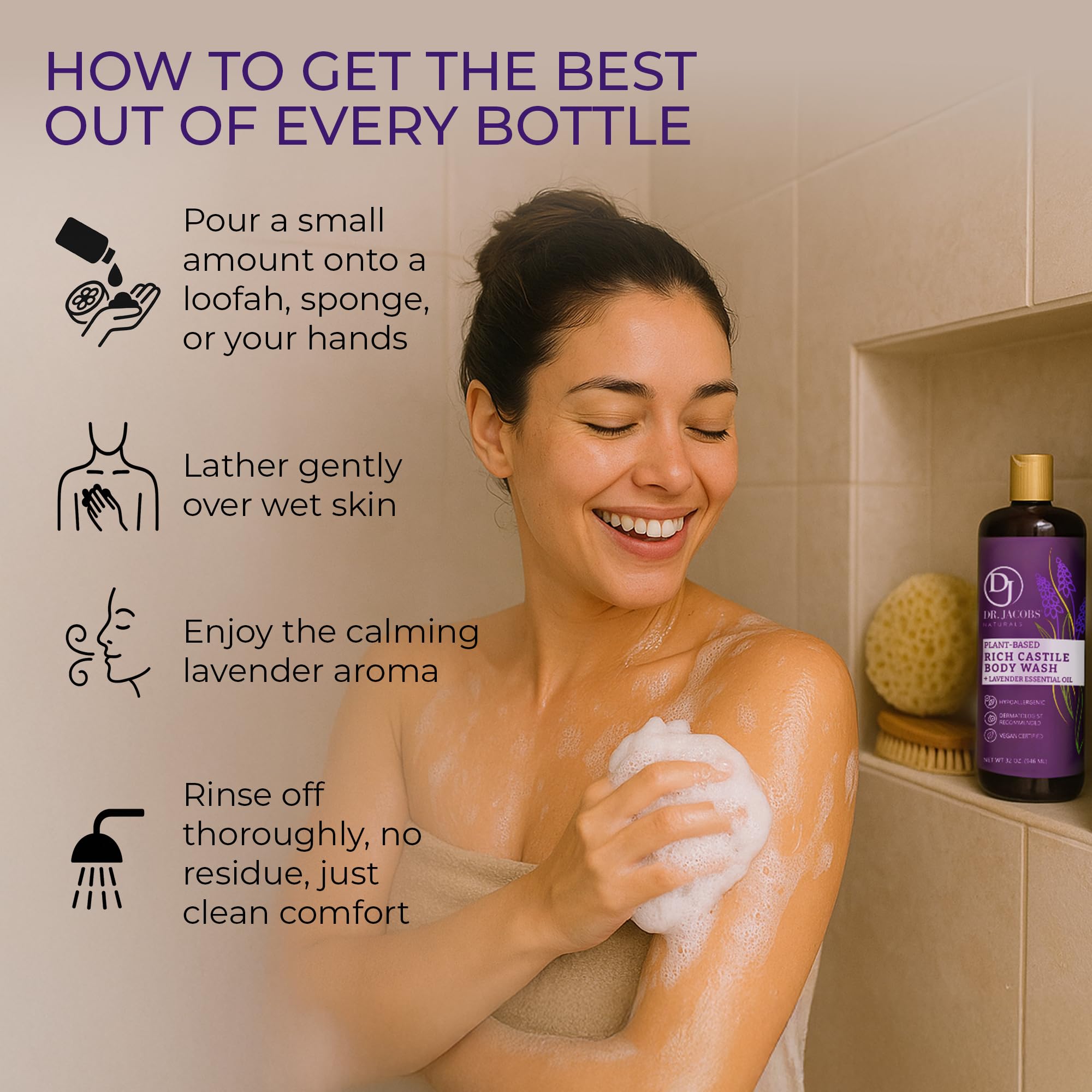DR.JACOBS NATURALS lavender castile soap 32 oz size supports economical daily use.