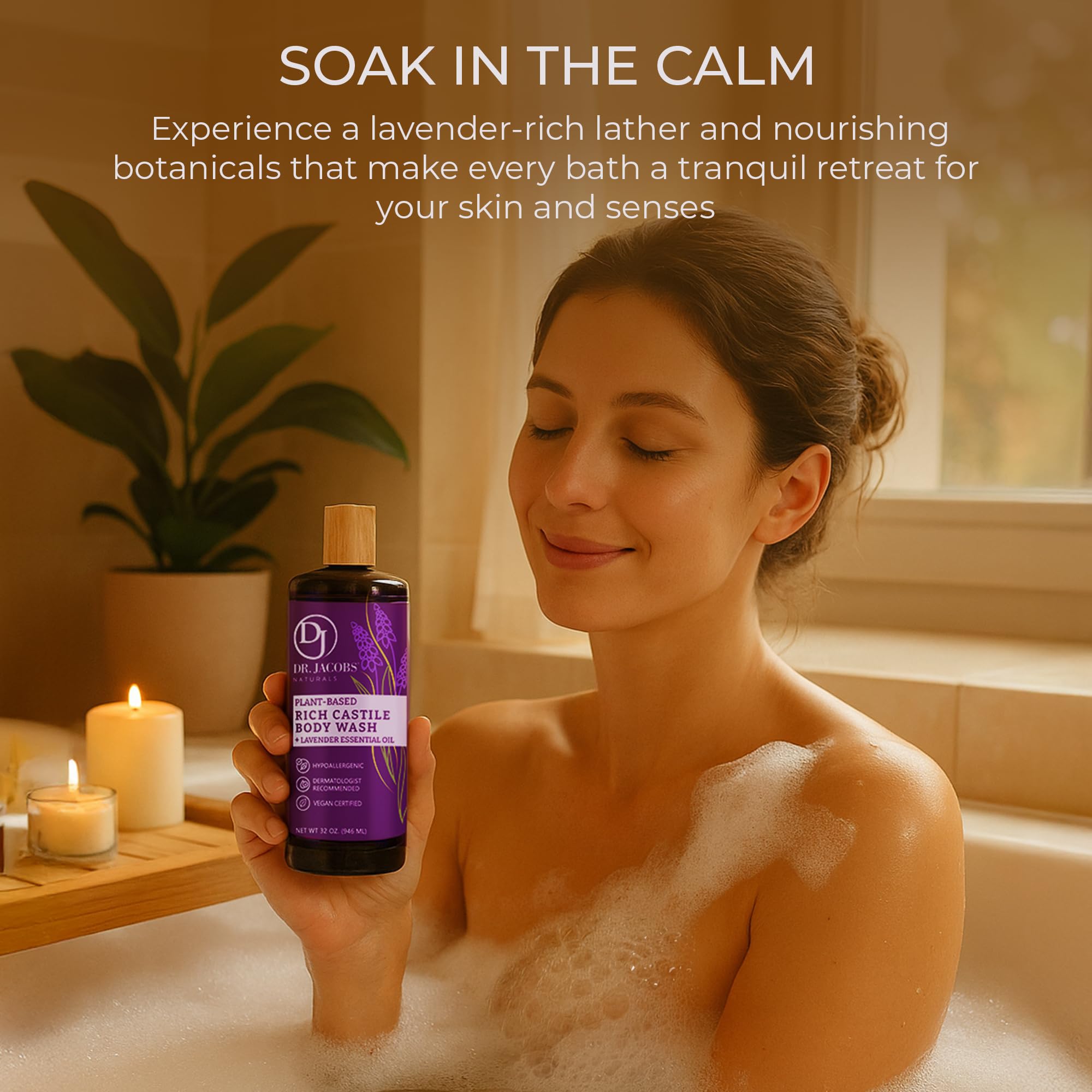 DR.JACOBS NATURALS lavender castile soap close-up showing aloe and vitamin E for skin comfort.