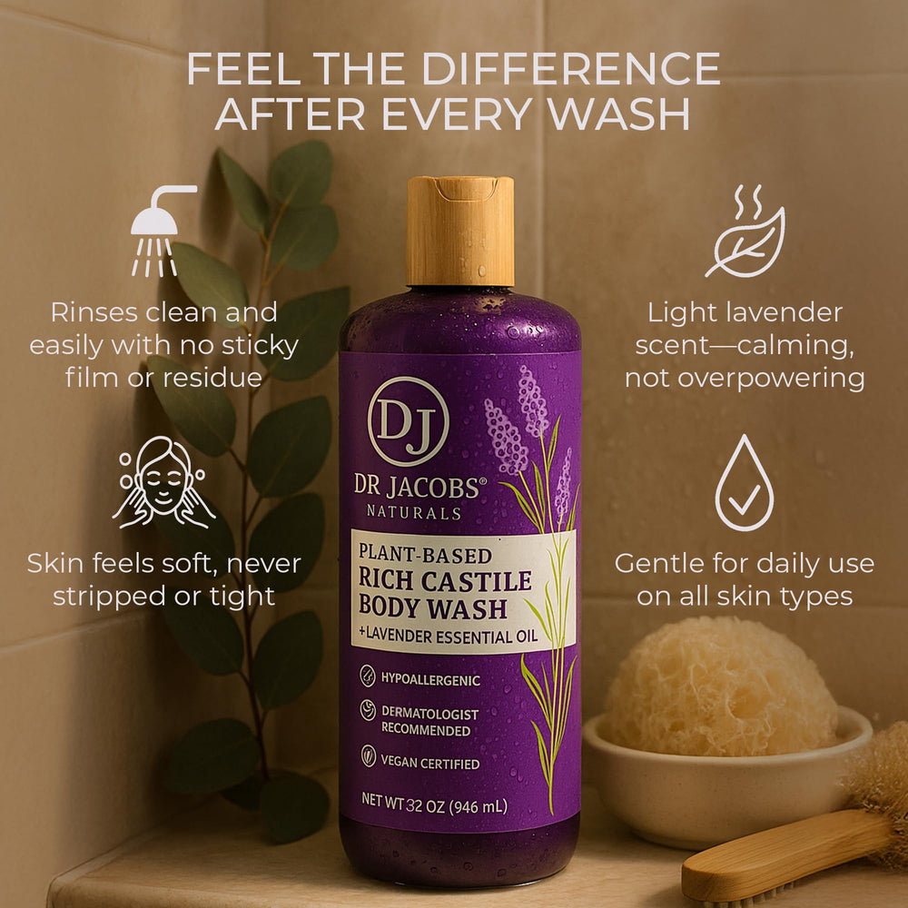 DR.JACOBS NATURALS lavender castile soap bottle with rich lather and natural oils.