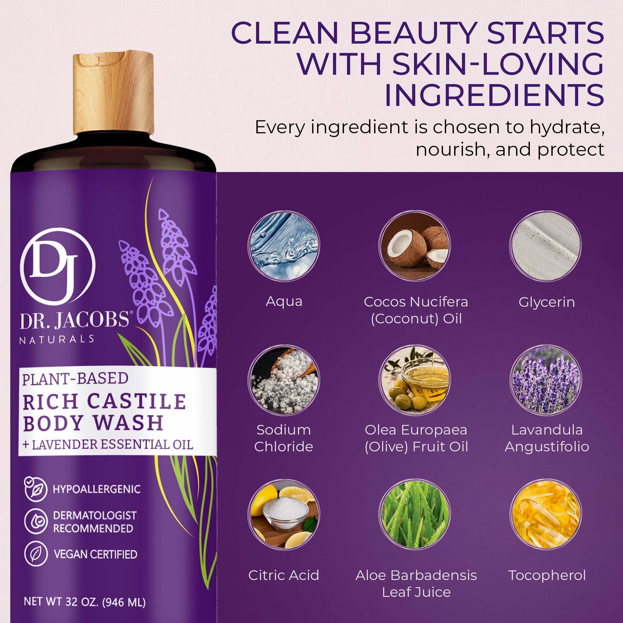 DR.JACOBS NATURALS castile soap bottle beside an aloe leaf signaling gentle hydration.