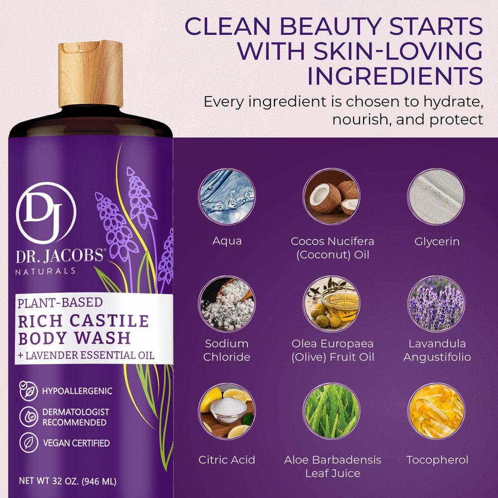 DR.JACOBS NATURALS castile soap bottle beside an aloe leaf signaling gentle hydration.