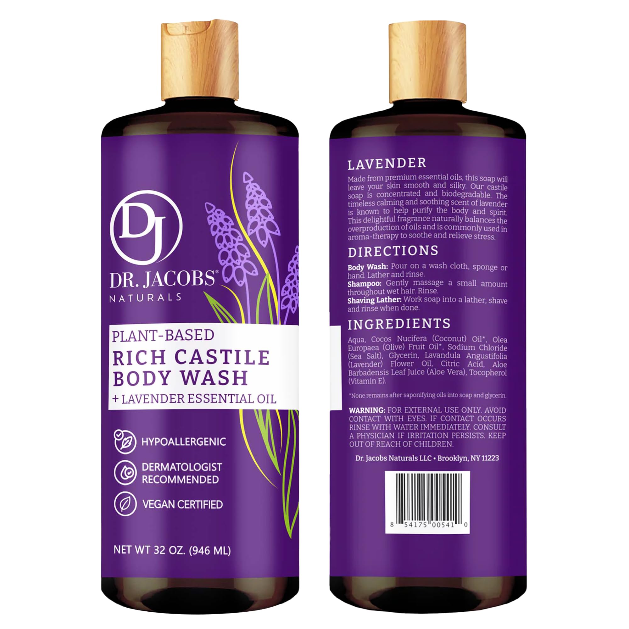 DR.JACOBS NATURALS lavender castile soap packaging highlights USA-made commitment.