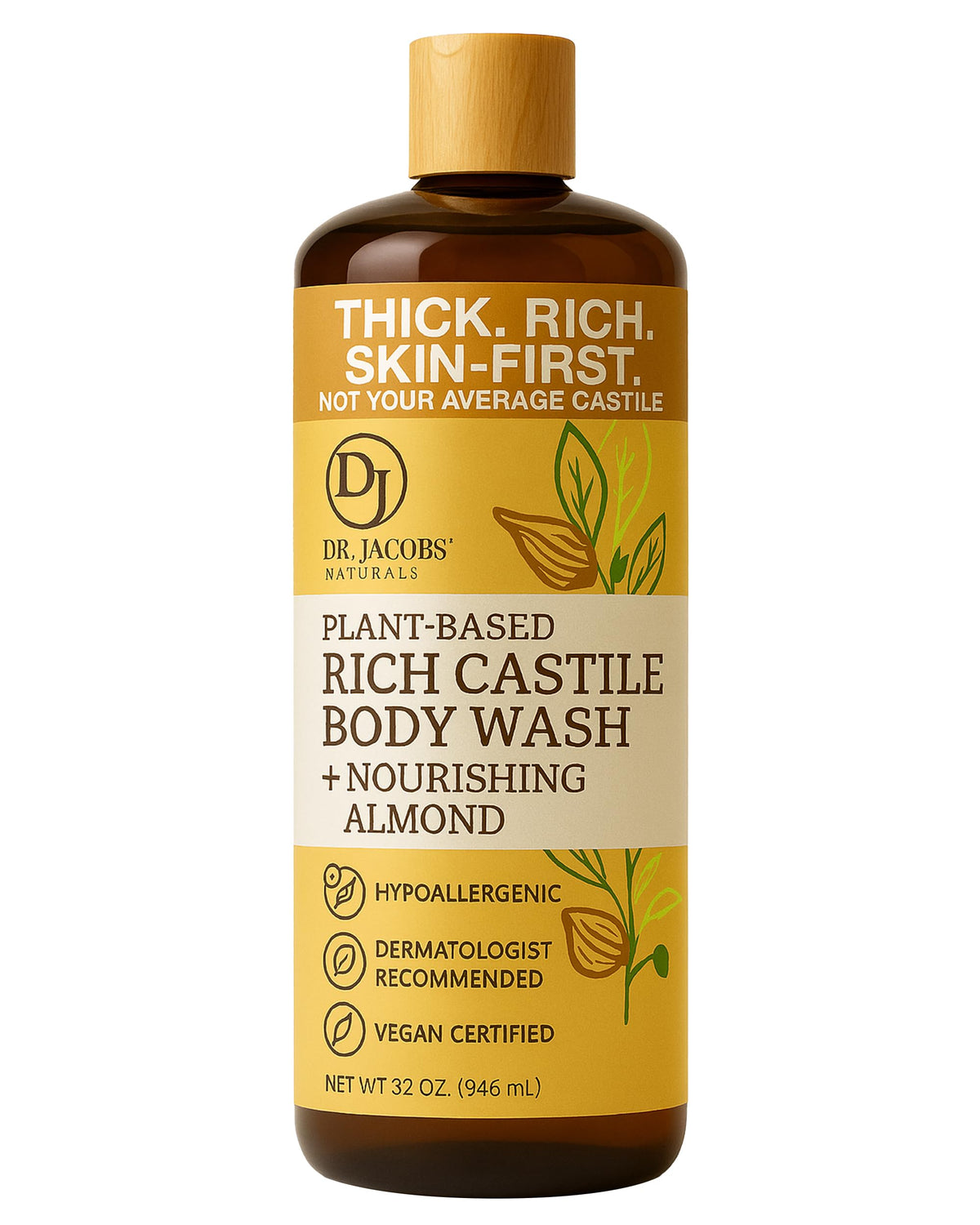 DR.JACOBS NATURALS Pure Castile Soap Almond bottle demonstrates gentle cleansing for sensitive skin.