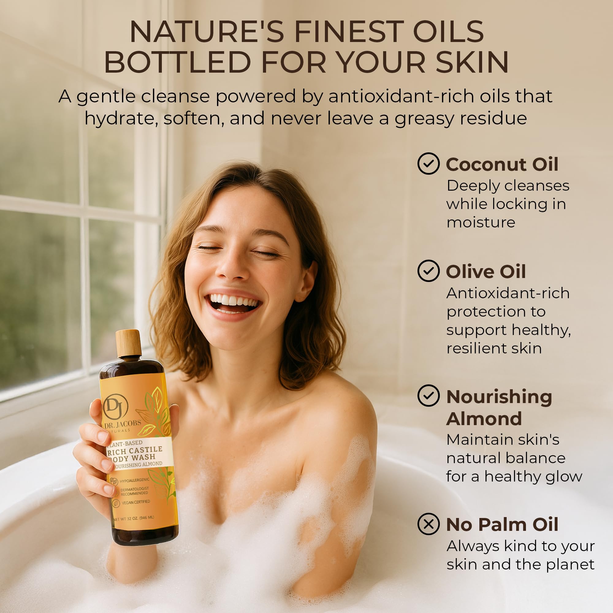 DR.JACOBS NATURALS Pure Castile Soap Almond close-up features natural oils for refreshing cleansing.